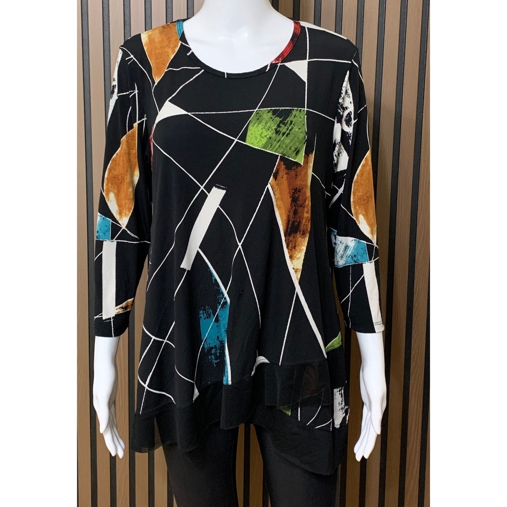 Jess & Jane Abstract Geometric Print Tunic Top Black Multicolor Mesh Hem M